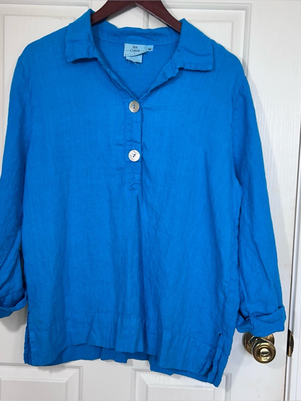 Hot Cotton Marc Ware Blue Pullover Button Shirt Blouse Top M 100% Linen